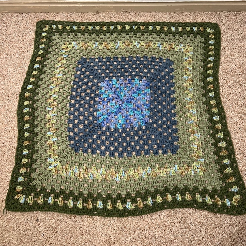 Handmade Unisex Granny Square Crochet Baby Blanket Green Blue Boho 33x33